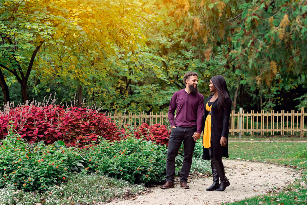 An engagement session for an engaged couple at Fabyan Forest Preserve in the fall by a wedding photographer Mila Craila Photography