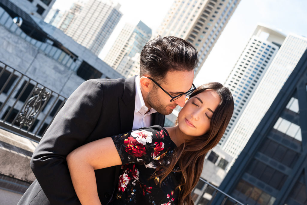 An engagement session for an engaged couple in downtown Chicago in the fall by a wedding photographer Mila Craila Photography