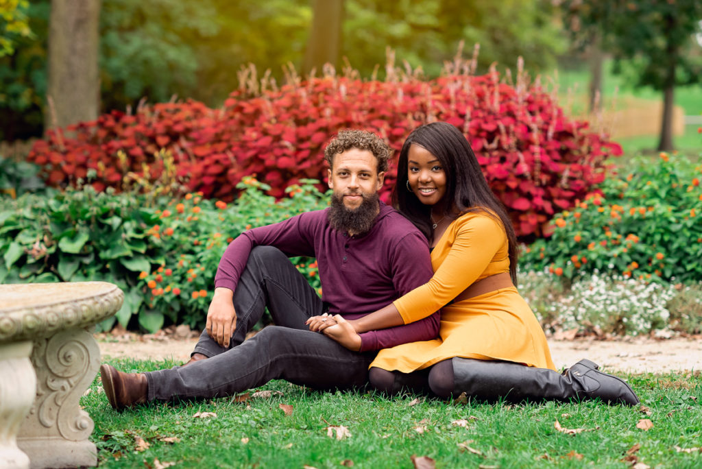 An engagement session for an engaged couple at Fabyan Forest Preserve in the fall by a wedding photographer Mila Craila Photography