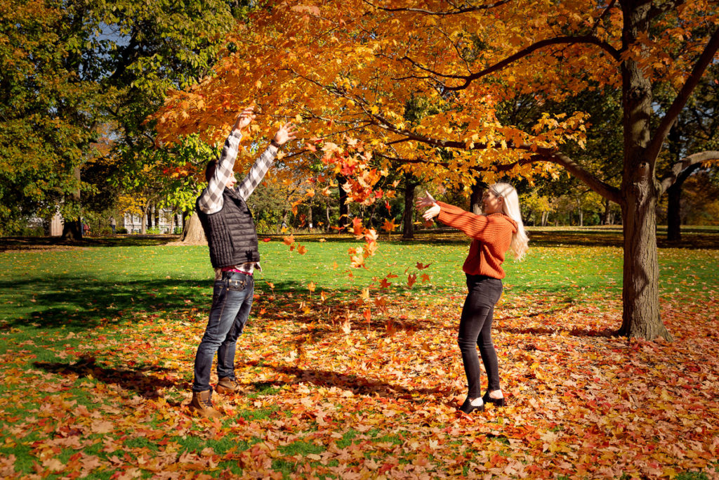 An engagement session for an engaged couple throwing leaves at Cantigny Park in Wheaton in the fall by a wedding photographer Mila Craila Photography